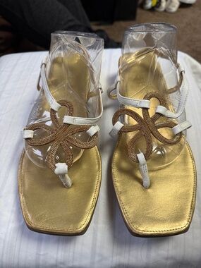 AEROSOLES White and Gold Decorative Toe-Post Sandals